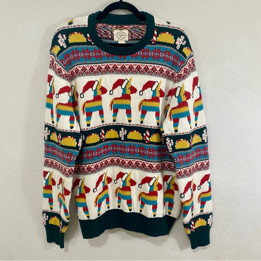 St. John's Bay Colorful Holiday Crewneck Sweater Ugly Crewneck Size L Cotton Men